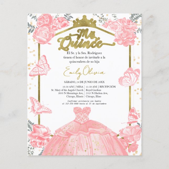 Miss quince Budget Uitnodiging Spaans Roze Bloem (Voorkant)