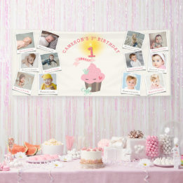 Miss Roze Cupcake 12 Foto Meisje 1e Verjaardagsfee Spandoek