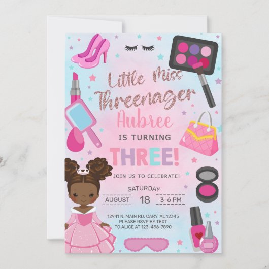 Miss Threenager girl 3rd third birthday invitation (Devant)