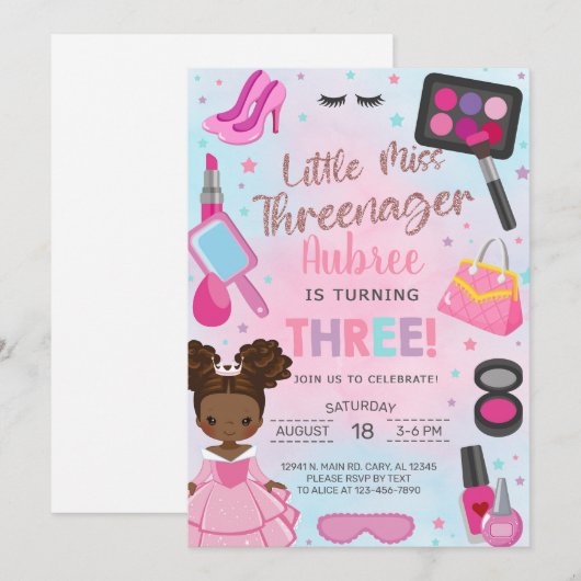 Miss Threenager girl 3rd third birthday invitation Kaart (Voorkant / Achterkant)
