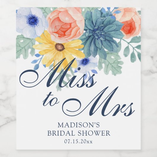 Miss To Mrs Bloemige Succulente Macaron Bruidsdine Wijn Etiket (Enkel label)