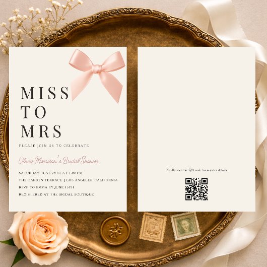 Miss to Mrs Blush Pink Bow QR Code Bridal Shower Kaart