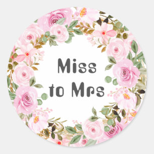 Miss to Mrs Bruiloft Waterverf Roze Flora Ronde Sticker