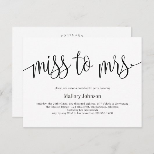 Miss to Mrs Calligraphy Uitnodiging voor de huweli (Voorkant / Achterkant)