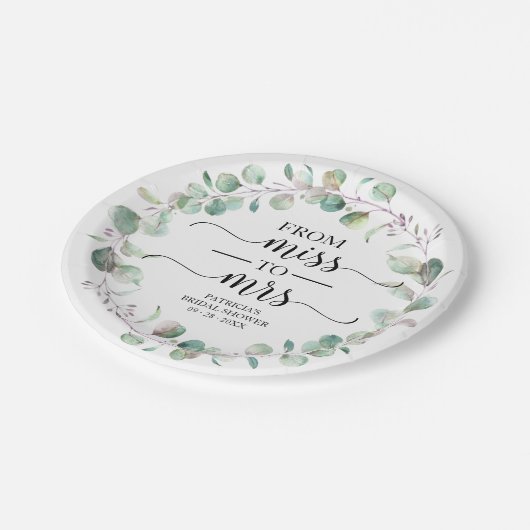 Miss to Mrs Greenery Eucalyptus Bruiloftsborrel Papieren Bordje (Gekanteld)
