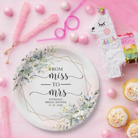 Miss to Mrs Greenery Geometrische Bruiloftsdouche Papieren Bordje (Feest)