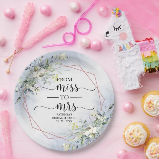 Miss to Mrs Greenery Geometrische Bruiloftspapier Papieren Bordje (Feest)