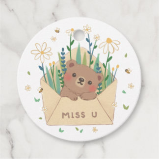 MISS U: Teddybeer en bloemen in envelop Bedankjes Labels