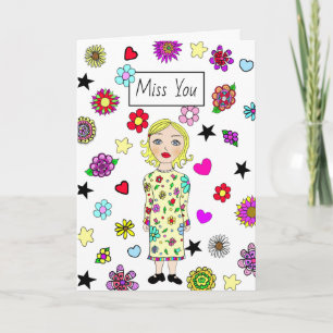 Miss U, vriendschap, meisje met bloemen Kaart