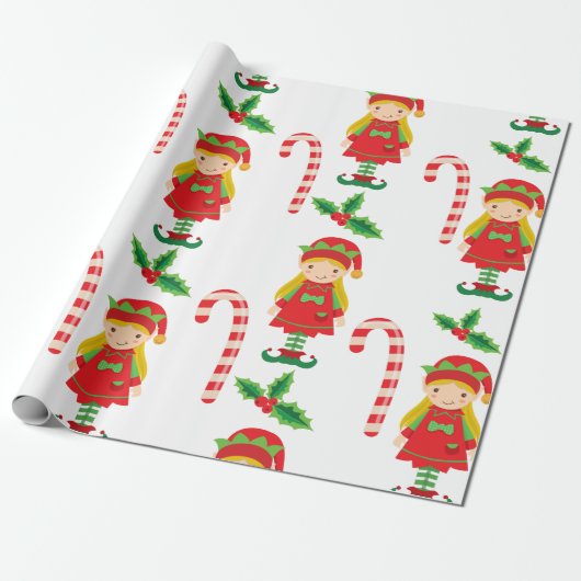 Misses Elf en Candy Canes Cadeaupapier (Uitgerold)