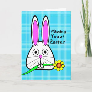 Missing You on Easter, Schattige Konijn met Bloem Feestdagen Kaart