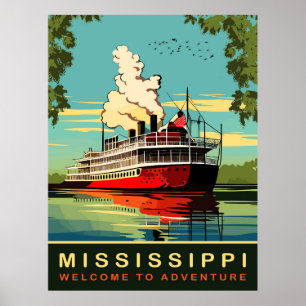 Mississippi, Stoomboot-cruiser, Vintage Reizen Poster
