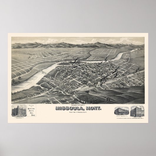 Missoula, MT Panoramic Map - 1891 Poster (Voorkant)