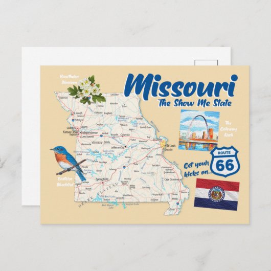 Missouri MO Show Me State Map Route 66 Briefkaart (Voorkant / Achterkant)