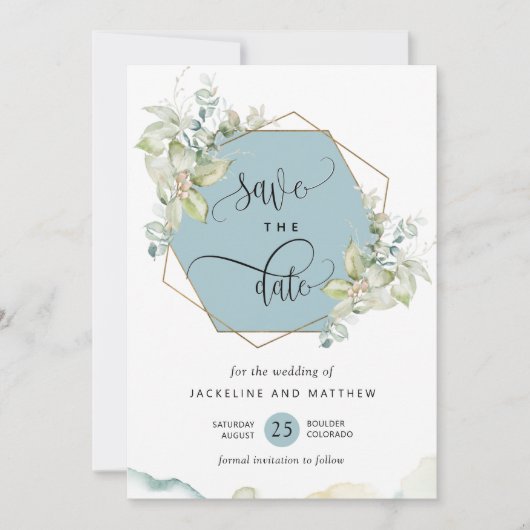 Mist Blue, Elegant Greenery en Waterverf Wedding Save The Date (Voorkant)
