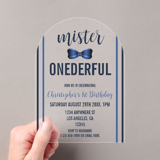 Mister Onederful Bow Stropdas 1e verjaardag Acryl Uitnodigingen (Insitu (Draagbaar))