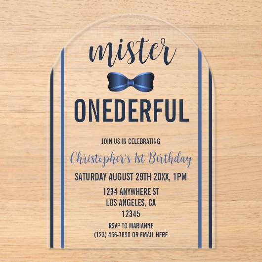 Mister Onederful Bow Stropdas 1e verjaardag Acryl Uitnodigingen (Voorkant)