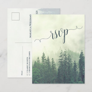 Mistgebergte Groene dennenbos bruiloft RSVP Briefkaart