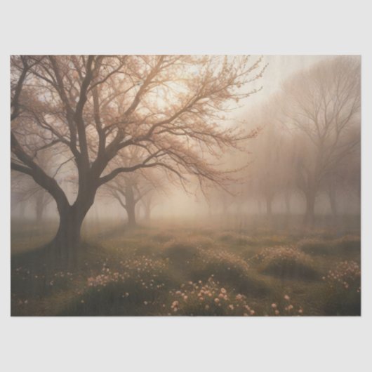 Mistige boomgaard in het voorjaar tissuepapier (Voorkant)