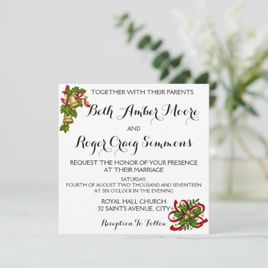 Mistletoe Bells Kerstmis bruiloft uitnodiging (Staand voorkant)