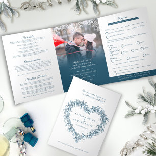 Mistletoe blauw wit huwelijksmaal optie RSVP Drieluik Uitnodiging
