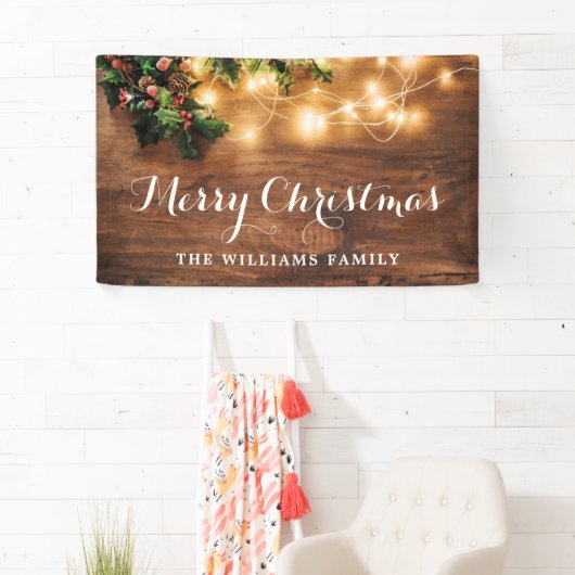 Mistletoe Branch Rustiek Hout Vrolijk Kerstfeest Spandoek (Insitu)