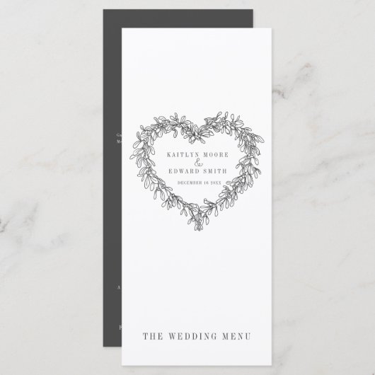 Mistletoe coeur gris foncé blanc mariage menus (Devant / Derrière)