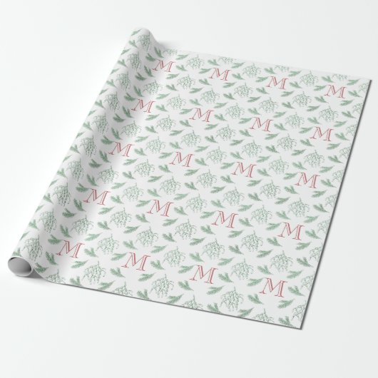 Mistletoe en Pine met Monogram Kerstrood Cadeaupapier (Uitgerold)