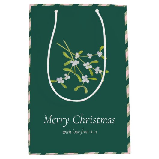 Mistletoe en Stripes Darkgreen Roos Gift Bag Medium Cadeauzakje (Voorkant)