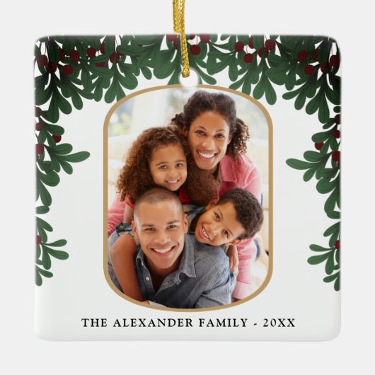 Mistletoe Foliage Afgerond Lijst 2 Foto's Kerst Keramisch Ornament (Voorkant)