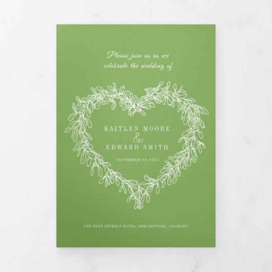 Mistletoe groene witte bruiloft optie RSVP Drieluik Uitnodiging (Cover)
