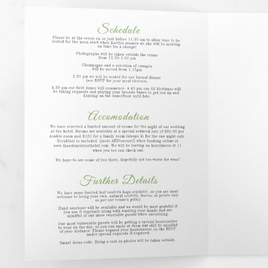 Mistletoe groene witte bruiloft optie RSVP Drieluik Uitnodiging (Binnenzijde eerst)