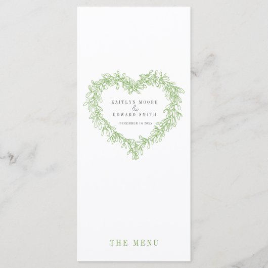 Mistletoe hart groen wit bruiloft menu (Voorkant)