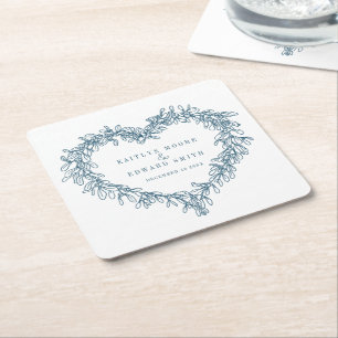 Mistletoe line art blue white winter bruiloft vierkante kartonnen onderzetter