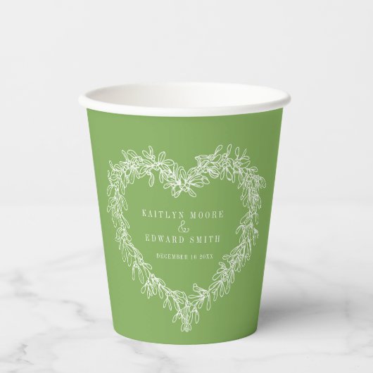 Mistletoe line art green bruiloft aangepaste foto papieren bekers (Voorkant)