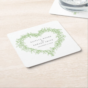 Mistletoe line art green winter bruiloft custom vierkante kartonnen onderzetter
