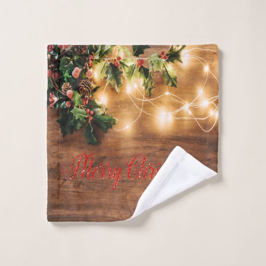 Mistletoe verte, Lumières à cordes, Noël en bois (Gant de toilette)