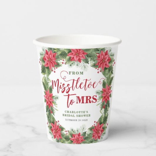 Mistletoe Voor Mrs Winter Poinsettia Bruidsfeest Papieren Bekers (Voorkant)