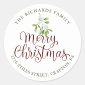 Mistletoe Vrolijk Kerstmis Retouradres Ronde Sticker (Voorkant)