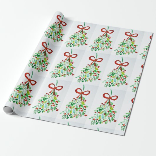 Mistletoe waterverf cadeaupapier (Uitgerold)
