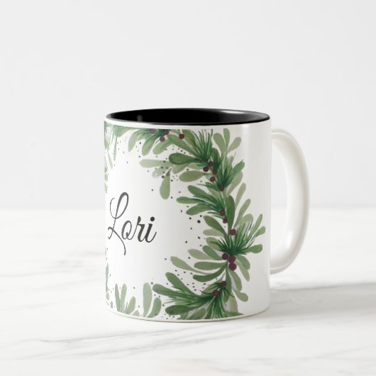 Mistletoe wreath monogram template Two-Tone coffee Tweekleurige Koffiemok (Voorkant rechts)
