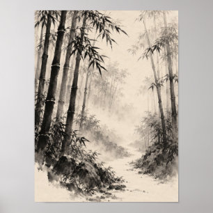 Misty Bamboe Bos Pad Japanse Sumi-e Inkt Kunst Poster