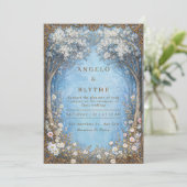 Misty Blue Enchanted Forest Gold Frame Wedding Kaart (Staand voorkant)