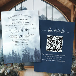 Misty Blue Mountain Pines Rustieke QR Code Bruilof Kaart