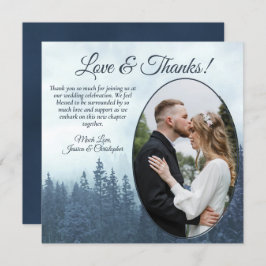 Misty Blue Pine Trees Rustic Wedding Oval Foto Bedankkaart