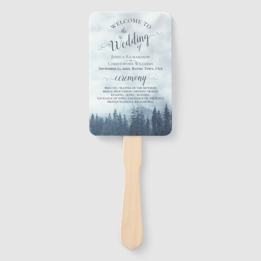Misty Blue Pine Trees Rustic Wedding Programme Handwaaier (Voorkant)