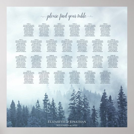 Misty Blue Pines 26 Table Wedding Seating Chart Poster (Voorkant)