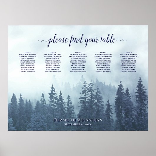 Misty Blue Pines 5 Table Wedding Seding Chart Poster (Voorkant)