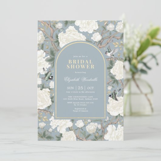 Misty Blue White Chinoiserie Floral Vrijgezellenfe Kaart (Staand voorkant)