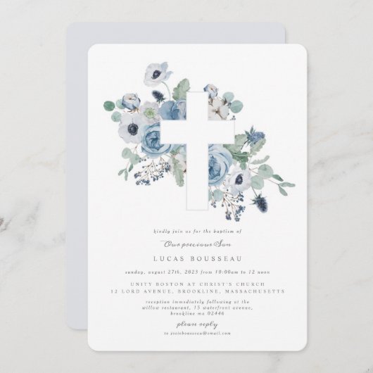 Misty Blues Cross Doop Uitnodiging doop (Voorkant / Achterkant)